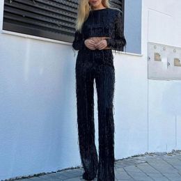 Women's Two Piece Pants Tassel Sequin Party Outfit Set Long Sleeve Cropped Top For Women O-neck Autumn