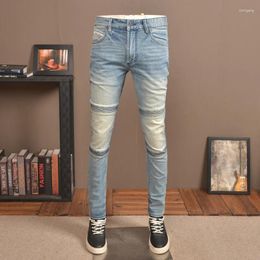 Men's Jeans Retro Light-Colored Nostalgic 2024 Elastic Slim Fit Skinny High-End Casual Patchwork Motorcycle Pants