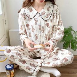 Women's Sleepwear Plus Size Pyjama Mujer Cartoon Print Set Long Sleeve Top Pants Ruffle Homewear Skin-Friendly Breathable