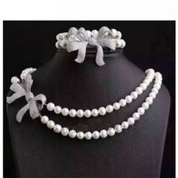 2 Rows AAA 78mm Akoya White Pearl Necklace 18 inch Bracelet 758 Beautiful Buckle Ring 240106