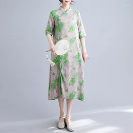 Party Dresses 2024 Arrival Thin Soft Light Print Floral Stand Collar Vintage Chinese Style Summer Dress Fashion Women Travel Casual