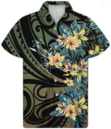 Men's Casual Shirts Polynesian Tribal Black Background Gold Stripe Print Short Sleeve Lapel Men Shirt Daily Street Oversized Top Males