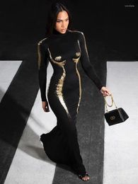 Casual Dresses WeiYao Gold Body Lines Long Sleeved Turtleneck Bodycon Dress Charming Lady Party Robe Sexy Maxi For Women Y2K Clothes
