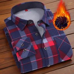 Men's Casual Shirts Formal Shirt For Men 2024 Long Sleeve Fleece Warm Plaid Oversized Collar Winter Velvet Clothing