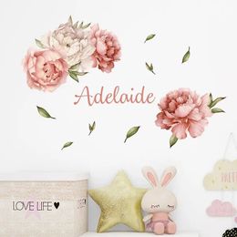 Custom Name Floral Wreath Peony Foliage Watercolor Wall Sticker Vinyl Nursery Removable Wall Decals Kids Bedroom Home Decoration 240105