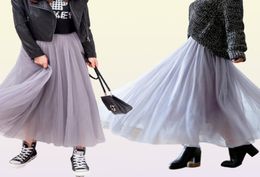 TIGENA Long Tulle Skirts Women 2021 Summer Elastic High Waist Mesh Tutu Pleated Skirt Female Black White Grey Maxi Skirt 2103059471472