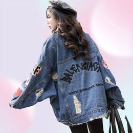 Oversized Fashion Print MenWomen Denim Jacket Loose Autumn 2019 New Streetwear Vintage BF Style Frayed Holes Jeans Coat Female4547472