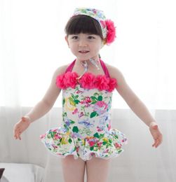 2018 Summer girls Swimwear sweet cute printing kids bathing suit with flowers Condole belt children onepiece swimsuit 90140 ab601656587