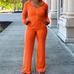 Ethnic Clothing Orange African Set Fashion 2 Piece Women Sets Long Sleeves Zipper Hood Open Lining Tops And Pants Matching Tracksuit Outfits