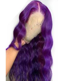 Long deep part Body Wave Purple Lace Front Wig Side Part Synthetic full lace Wigs for Women Heat Resistant Glueless Wig4835337