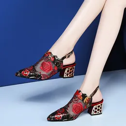 Dress Shoes Women Floral Mesh Belt Buckle Lace Sandals Woman High Heels Spring Female Classics Pointed Toe Ladies Party