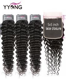 Yyong 34 Deep Wave Bundly Wita 5x5 Lace Closury 830 inch Peruvian Remy Human Hair Closure With Bundles Double Strong Weft9276734