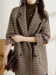 Women's Suits Vintage Houndstooth Women Woollen Blazer Double Breasted Plaid Female Suit Jacket Fashion Korean Outerwear Loose Coats