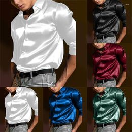 Men's Casual Shirts Satin Silk Dress Long Sleeve Social Single Breasted Button Turn-Down Collar Wedding Party Men Clothes