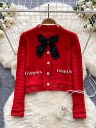 Fashion Red Party Pearl Warm Sweater Winter Black Office Lady Loose Ladies Beading Autumn Sweet Cardigan Bow White Knit Top 240106