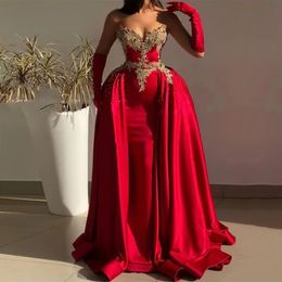 Prom Mermaid Sexy Red Dresses With Detachable Train Gold Lace Appliques Beaded Sweetheart Neck Corset Formal Evening Gowns For Women Pageant Party