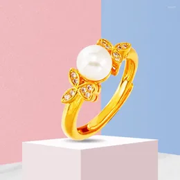 Cluster Rings Fashion 14K Yellow Gold Colour Pearl Ring For Women 3D Rose Flower Shape Wedding Engagement Fine Jewellery Gifts