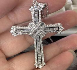 New Style Cross Necklace Drop Real 925 Sterling Silver Full Princess Cut White Topaz CZ Diamond Women Necklace G8285366