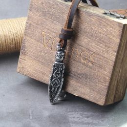 Pendant Necklaces Stainless Steel Viking Dragon Spear Necklace With Really Cow Leather Chain As Men Gift Wooden Box