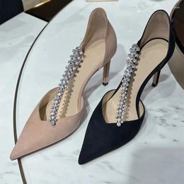 Dress Shoes Young Ladies The Same Black High Heels As Gold Silver Pointed Hollow Rhinestone Slim Heel Banquet
