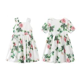 Baby girls floral printed short sleeve and vest dresses kids ruffle pleated princess dress children designer boutique cloth 2053 Y7017762