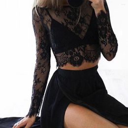 Women's Blouses Woman Mesh Long-sleeved Slim-fit Perspective Navel Sexy Style Lace Top Women Crop Off-Shoulder Tops See-Through Shirt
