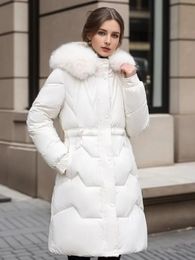 Winter Solid Colour Parka Hooded Drawstring Loose Casual Jackets Fashion Womens Autumn Medium Fur Collar Long Coat 240106