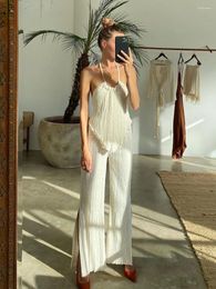 Women's Two Piece Pants Clacive Sexy Halter Backless Tank Top Set Woman 2 Bodycon Beige Pleated Female Elegant Skinny Slit Trouser Suits