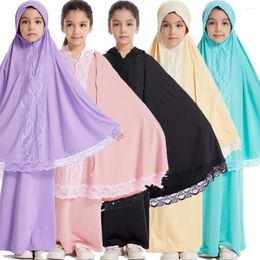 Ethnic Clothing 2Pcs Muslim Kids Girl Lace Eid Hooded Hijab Abaya Robe Khimar Tops Skirt Suit Islam Prayer Garment Dress Kaftan Ramadan