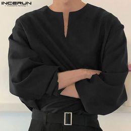 INCERUN Men Shirt Solid Colour V Neck Long Sleeve Loose Vintage Men Clothing Streetwear korean Style Casual Shirts S-5XL 240106