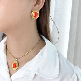 Ohrringe für Damen Neue modische und minimalistische ovale Edelsteinohrringe aus Edelstahl, Anhänger-Halsketten-Set, heißer Verkauf für personalisierten Damenschmuck