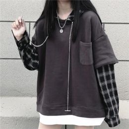 Women's Hoodies Women Black Gothic Style Patchwork Long Sleeve Plaid Pullovers Striped Sweatshirt For Female Korean Fashion Personality