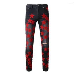 Men's Jeans Slim Fit Denim Pants Streetwear Men Youth Black Distressed Skinny Stretch Embroidered Leather Stars Patchwork Ripped