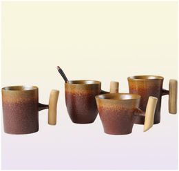 Japanesestyle Vintage Ceramic Coffee Mug Tumbler Rust Glaze Milk Cup with Wooden Handle7653632