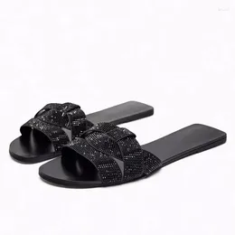 Slippers TRAF ZAZA Shiny Rhinestone Flat Women Summer 2024 Black Flip Flops Slingback Woman Sandals Open Toe Beach Sexy