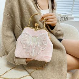 Evening Bags Pink White Fairy Plush Handbags Cute Pearl Bow Clutches For Women Fashion Soft Velvet Bag Chian Shoulder Crossbody