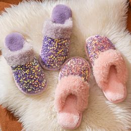 Winter Women Slippers White Pink Black glitter Fur Warm Solid slide-proof Indoor Comfortable fashion Lady Sandal Soft Girl Slides