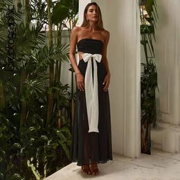 Cryptographic Backless Strapless Ruched Bow Detail Maxi Dress Elegant Outfits Women Mesh Splice Sexy Cut Out Party Dresses 240106