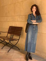 Casual Dresses 2024 Fashion Lapel Women Denim Dress Vintage Washed Blue Long Sleeve Single Breasted Belted Split Shirt Jeans V374