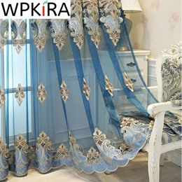 Window Blinds Embroidery Tulle Curtain For Living Room Europe Luxurious Blue Window Screen High End Kitchen Drape Panel AD511H 240106