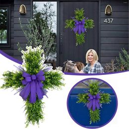 Decorative Flowers Easter Simulate Lavender With Cross Wreath Door Hanging Front Church DIY Decor Over The Decorations