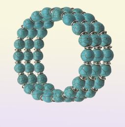 Stretchy 8mm Turquoise Beaded Bracelets With Silver Color Spacer Beads For Women 4416559