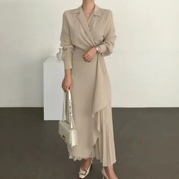 Professional Dress Elegant Dress Vintage Long Solid Tone Waist Suit Collar Office Women's Dress 240106