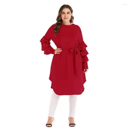 Ethnic Clothing Slim Lace-up Dress For Women Multi-layered Long Sleeve Beaded Abaya Dubai Abayas Islamic Clothes Casual Arab Evening Party