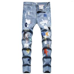 Men's Jeans Big Size 40 42 Europe Fashion Style Men Jenas Denim Pants Printed Stripe Hole Skinny Trousers Slim Blue For Husband 028
