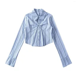 Women's Blouses Harajuku Retro Blue White Striped Shirt High Street Spicy Girl Y2K Fashion Design Formal Commuter Long Sleeve Top