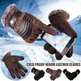 Cycling Gloves Pigskin Windproof Warm Plush Winter Outdoor Cold-proof Non-slip Touchscreen Motorcycle Unisex