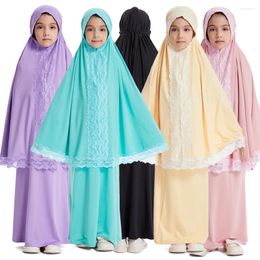 Ethnic Clothing Muslim Kids Girls Lace Abaya Long Khimar Maxi Skirt Set Turkey Dubai Kaftan Prayer Garment Full Cover Arab Robe Islamic