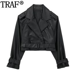TRAF Cropped Black Jacket Woman Windbreaker Faux Leather Women Long Sleeve Trench Coat For Y2k Belt In Jackets 240106