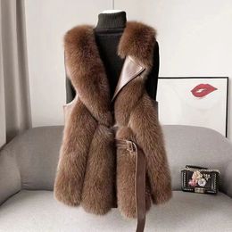 Fox Fur Vest Coat Womens Faux Fur Waistcoat Fashion Slim Fur Jacket Chic Sleeveless Faux Fox Fur Vests with Belt Jacket 240106